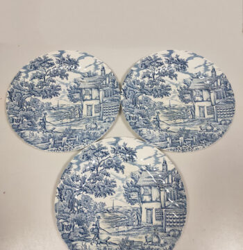 Set 3 Piatti in Ceramica Bianca e Blu con Motivo "The Hunter" Anni '80