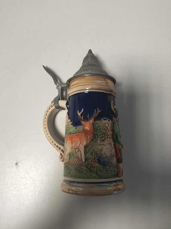 Boccale da Birra Tedesco con Coperchio in Ceramica e Peltro Vintage