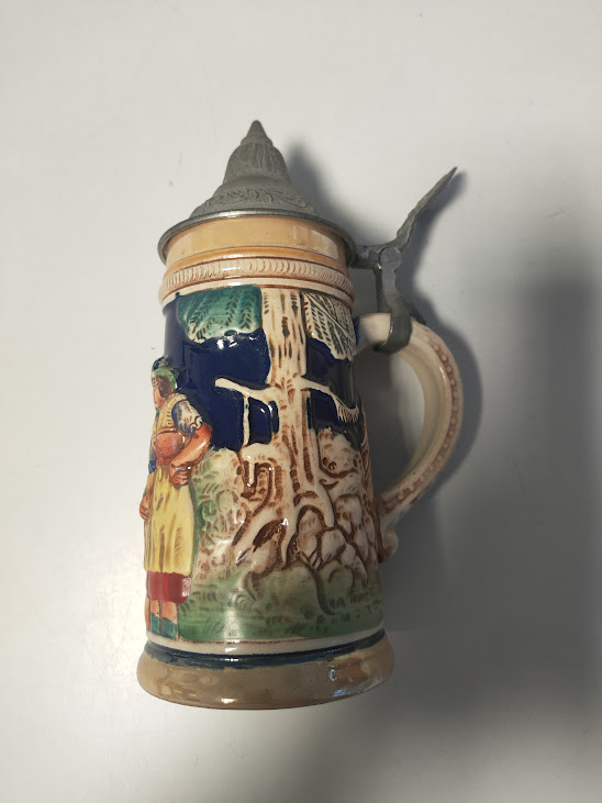 Boccale da Birra Tedesco con Coperchio in Ceramica e Peltro Vintage