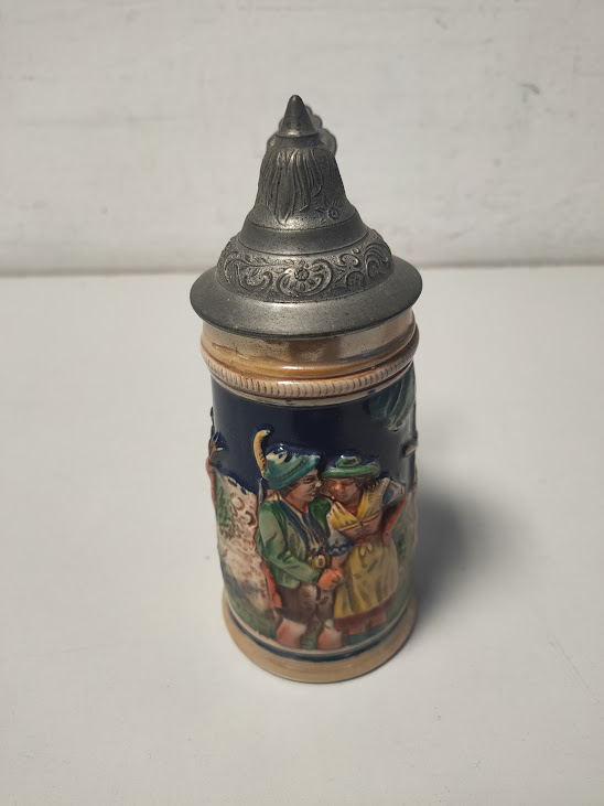 Boccale da Birra Tedesco con Coperchio in Ceramica e Peltro Vintage