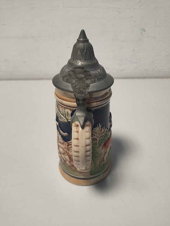 Boccale da Birra Tedesco con Coperchio in Ceramica e Peltro Vintage