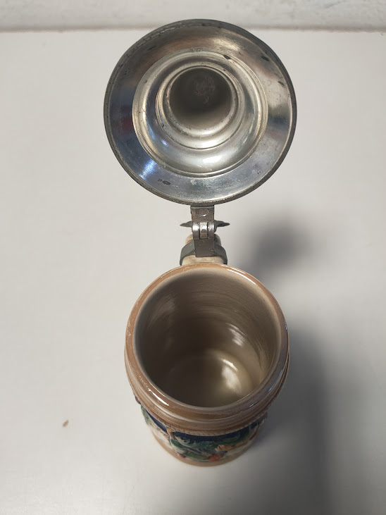 Boccale da Birra Tedesco con Coperchio in Ceramica e Peltro Vintage