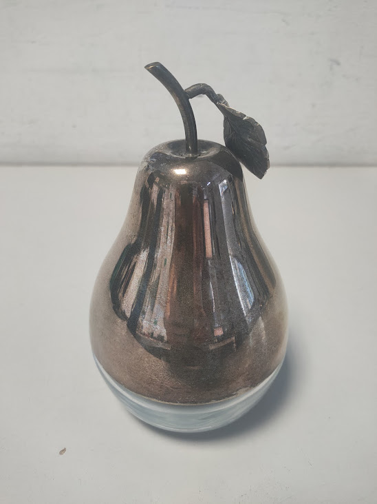Contenitore a Forma di Pera in Metallo Argentato e Vetro Vintage Anni 70