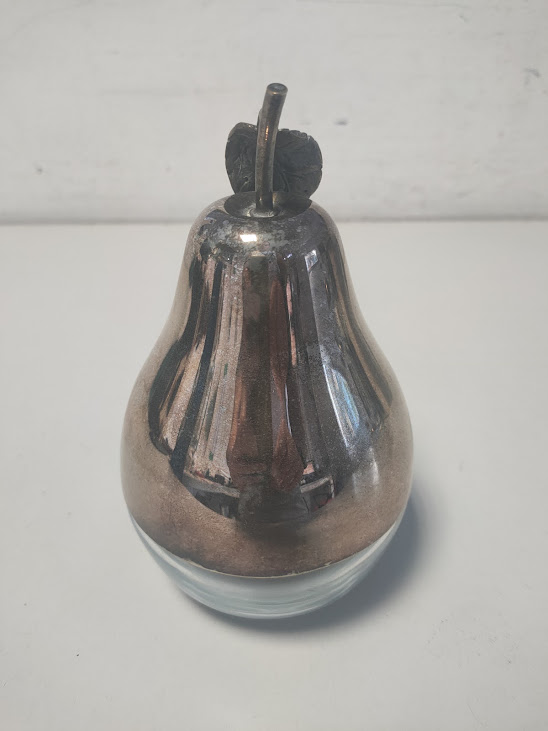 Contenitore a Forma di Pera in Metallo Argentato e Vetro Vintage Anni 70