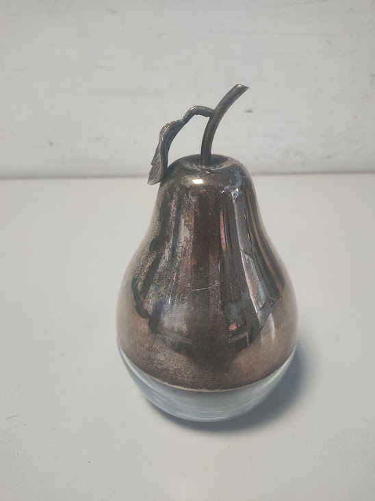 Contenitore a Forma di Pera in Metallo Argentato e Vetro Vintage Anni 70