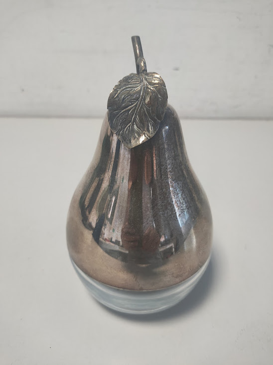 Contenitore a Forma di Pera in Metallo Argentato e Vetro Vintage Anni 70