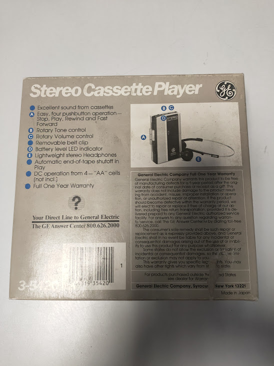 Lettore di Audiocassette Portatile General Electric Stereo Escape 3-5420 Vintage